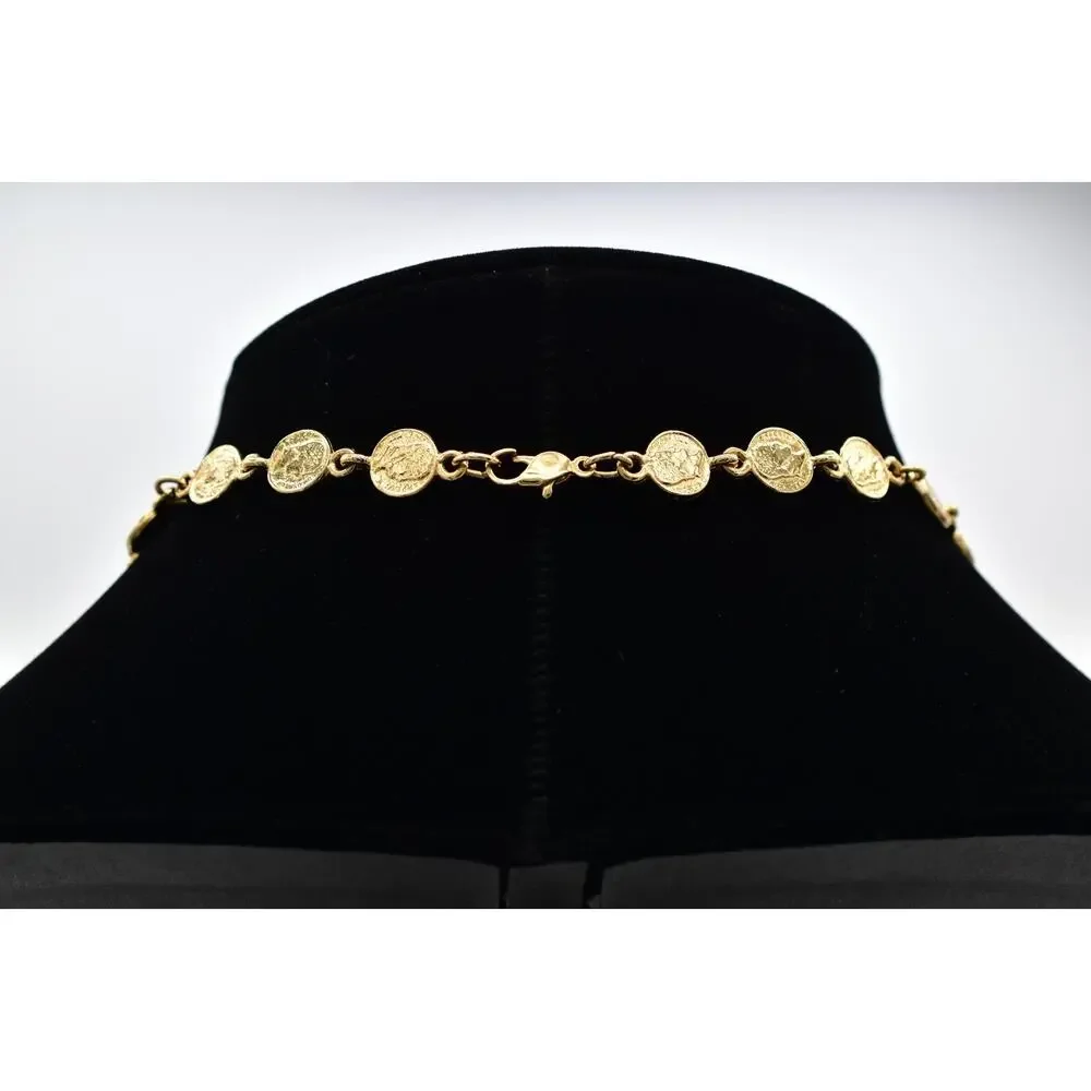 Vintage Open Bezel Crystal Coin Necklace Station Pearl Chain Gold 1980s BinBN